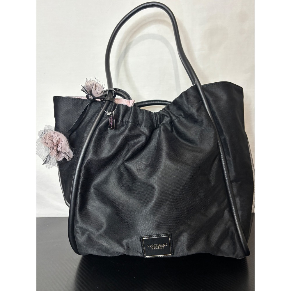 Victorias Secret Black Tote Bag Limited Edition Pink Floral Tulle Accents NWT